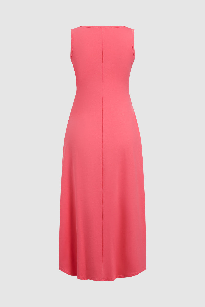Solid Pleated Scoop Neck Long Tank Dress
