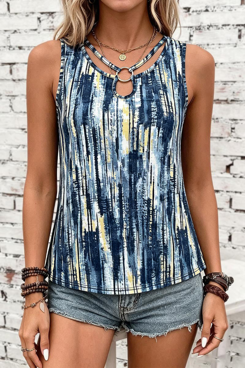 Allover Print Ring Linked Hollow Out V Neck Tank Top