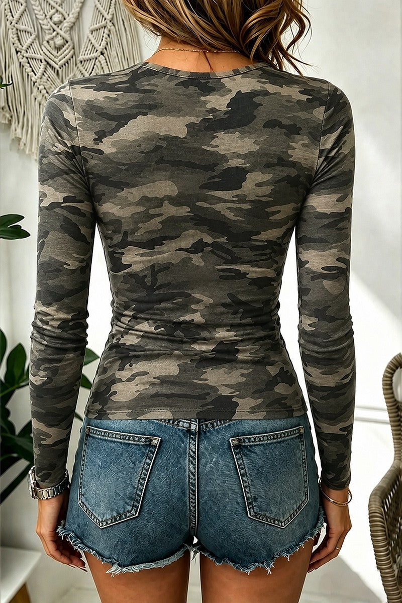 Camo Print Scoop Neck Long Sleeve T-Shirt
