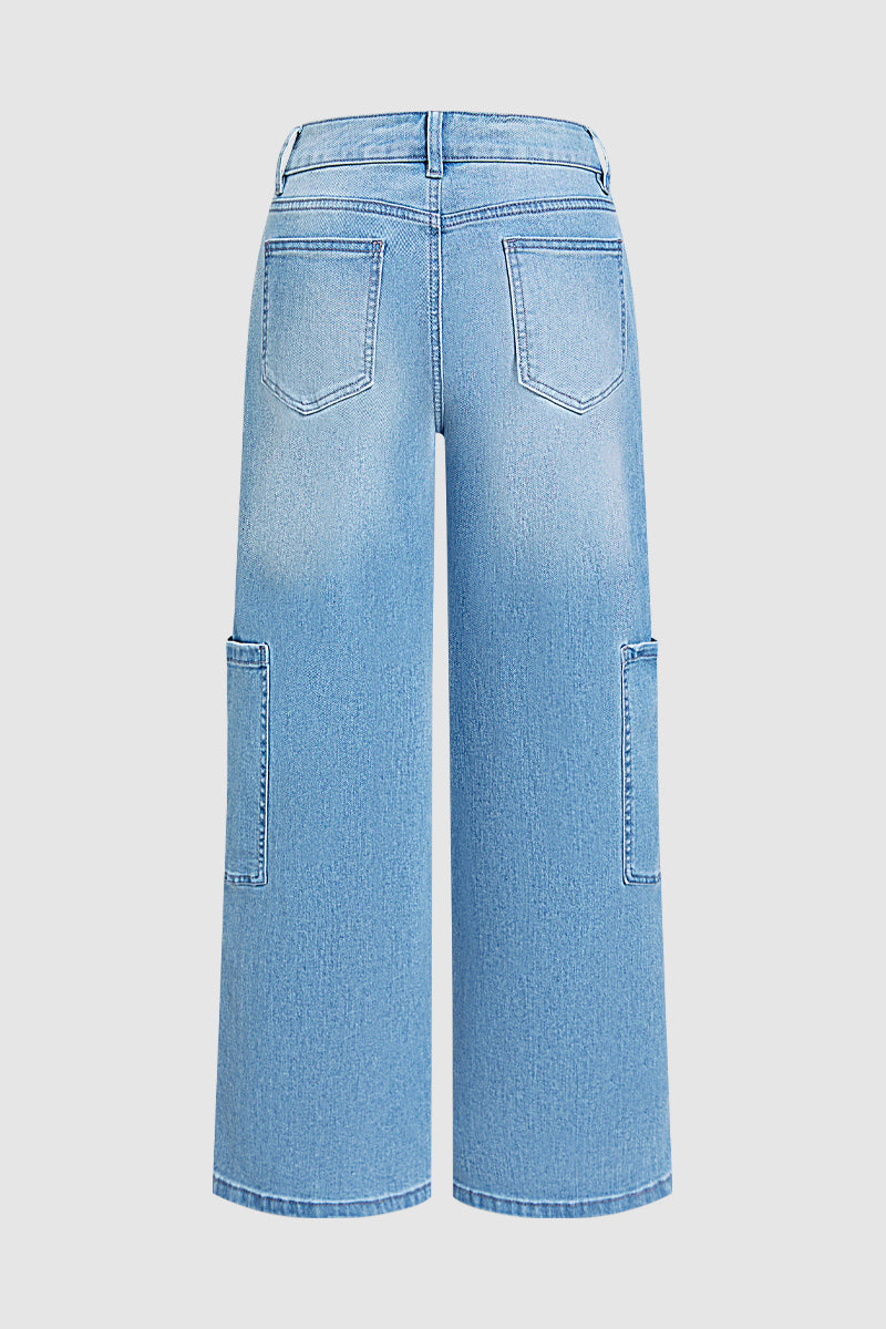 Wash Patch Pocket Stitch Detail Mid Waist Wide Leg Jeans Without Belt