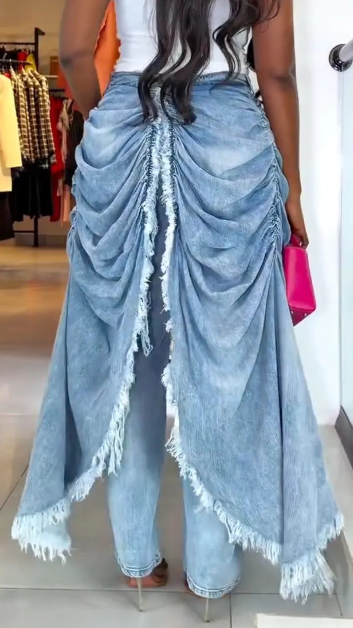 Light Blue Draped-Overlay Raw-Edge Jeans