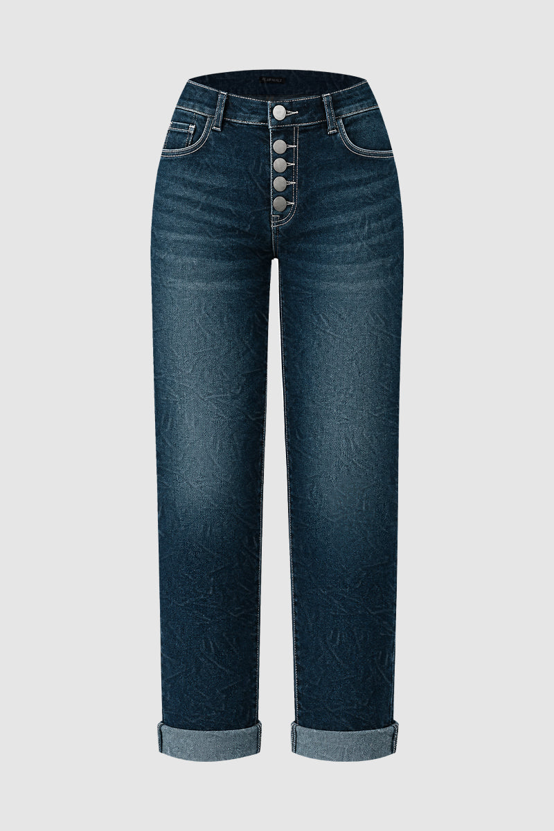 Button Up Roll Hem Low Waist Straight Leg Jeans
