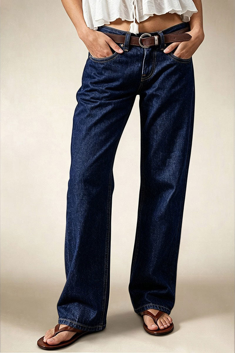 Wash Studded Mid Waist Straight Leg Jeans Without Belt