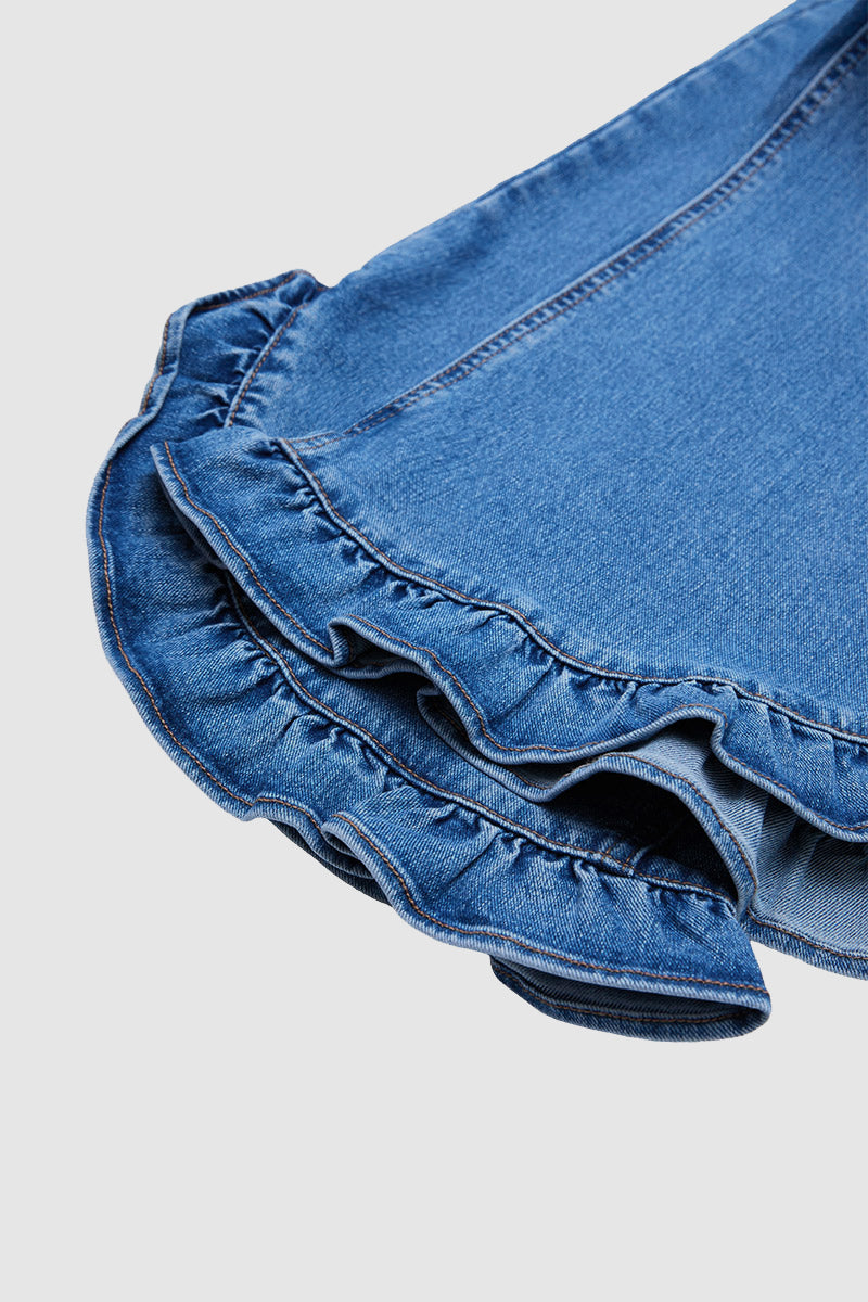 Wash Ruffle Hem Split Mid Waist Wide Leg Jeans