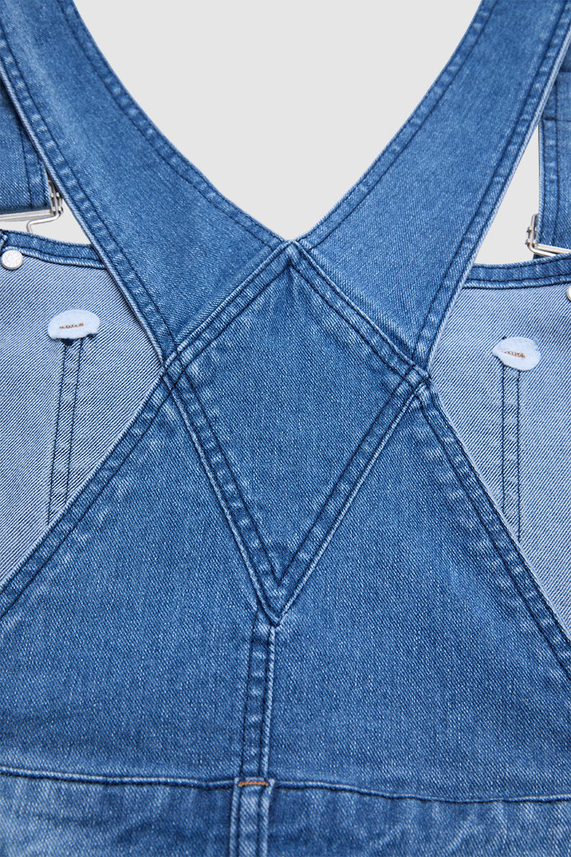 Wash Adjustable Raw Hem Button Fly Denim Overall Midi Dress