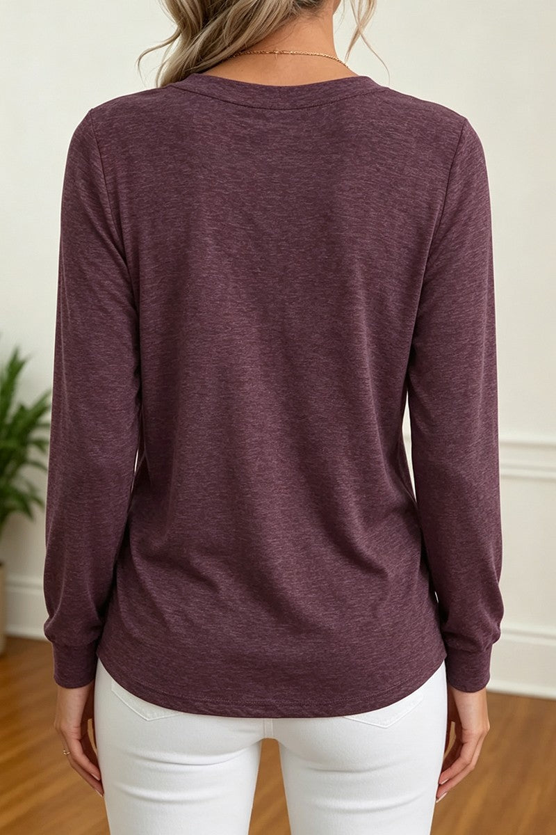Solid Ruched V Neck Long Sleeve T-Shirt