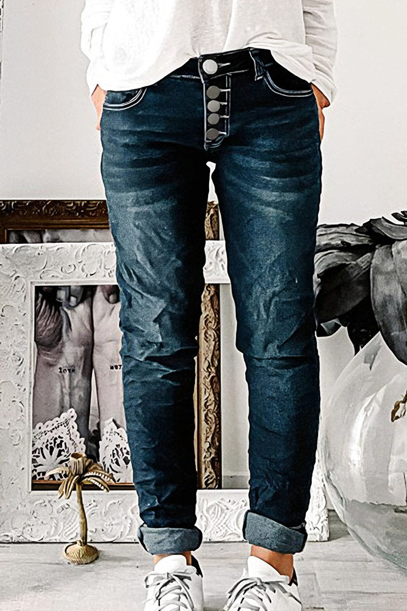 Button Up Roll Hem Low Waist Straight Leg Jeans