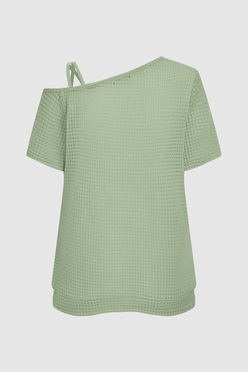 Solid Waffle Knit Asymmetrical Neck Batwing Sleeve T-Shirt