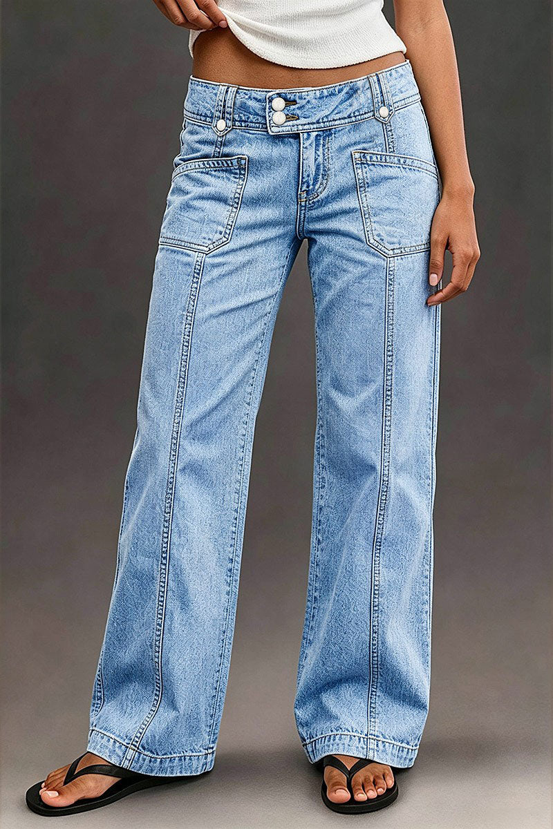Wash Asymmetrical Stitch Detail Mid Waist Straight Leg Jeans