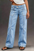 Wash Asymmetrical Stitch Detail Mid Waist Straight Leg Jeans