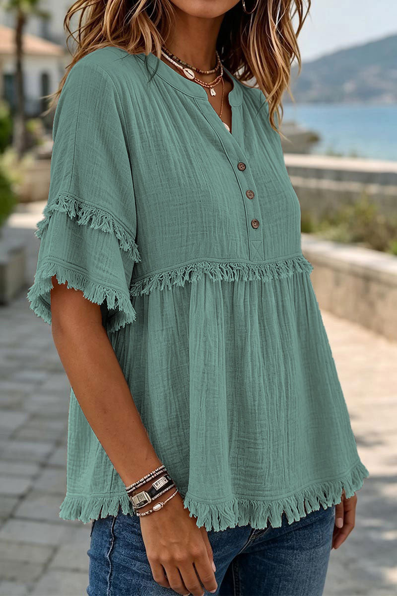 Solid Raw Hem Button Front Notched Neck Blouse