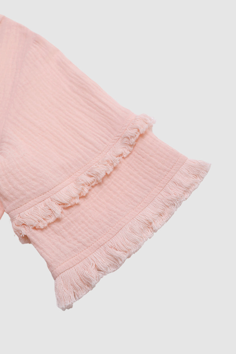 Solid Raw Hem Button Front Notched Neck Blouse