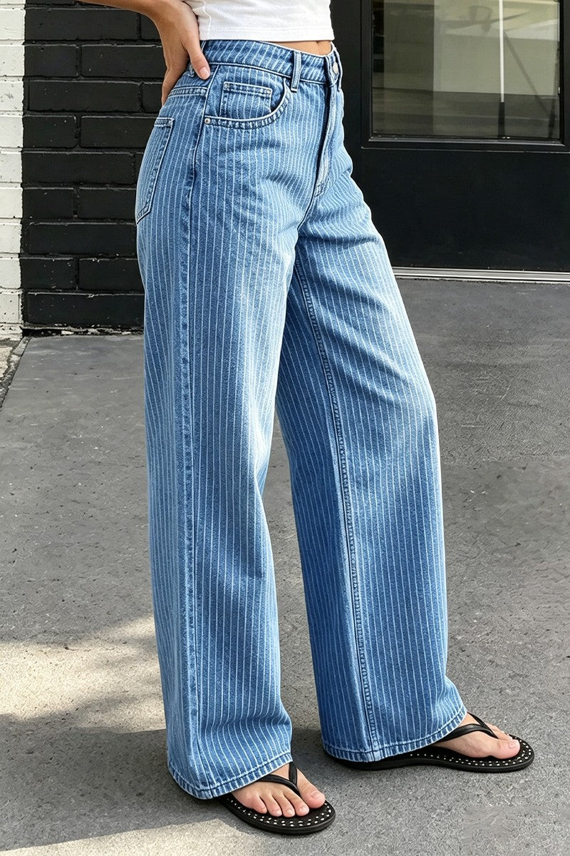 Wash Striped Mid Waist Wide Leg Jeans