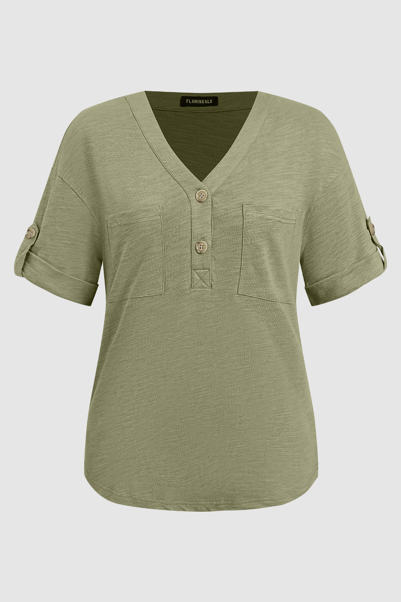 Button Decor Pocket Front V Neck Short Sleeve T-Shirt