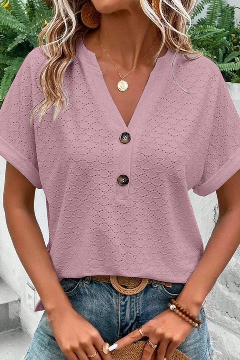 Solid Hollow Out Button Decor V Neck T-Shirt