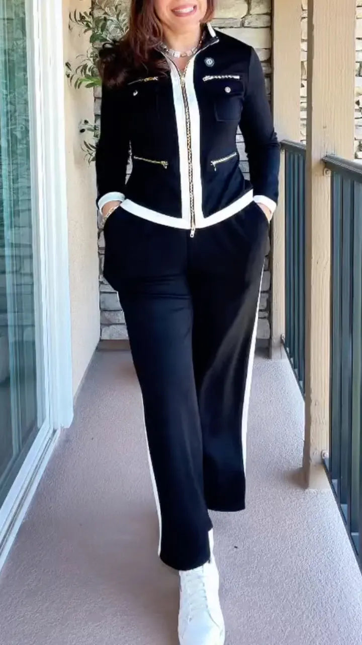 Contrast-Trim Zip Jacket & Pants Set