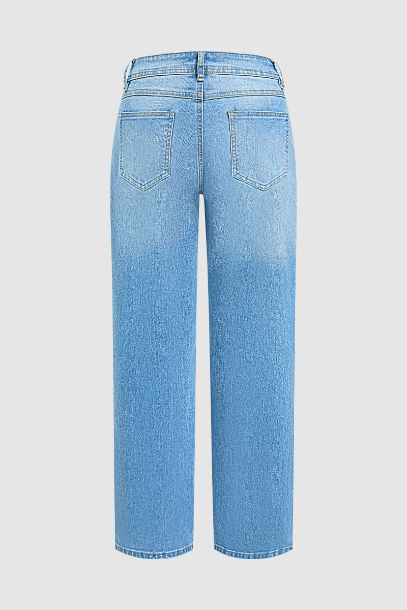 Wash Stitch Detail Mid Waist Straight Leg Jeans