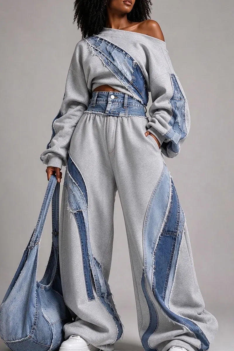 Gray Denim-Patchwork Sweatshirt & Wide-Leg Pants Set