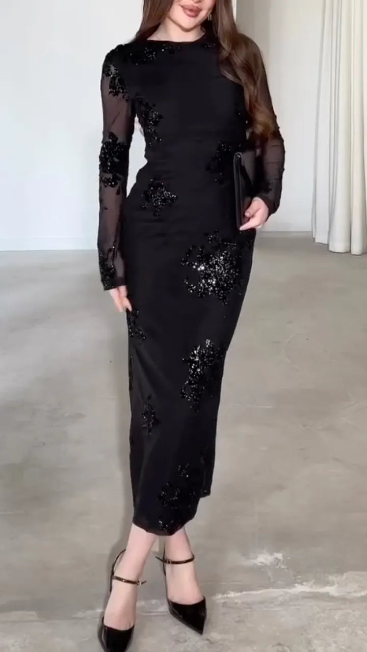 Chocolate Sequin Floral Mesh Long-Sleeve Maxi Dress