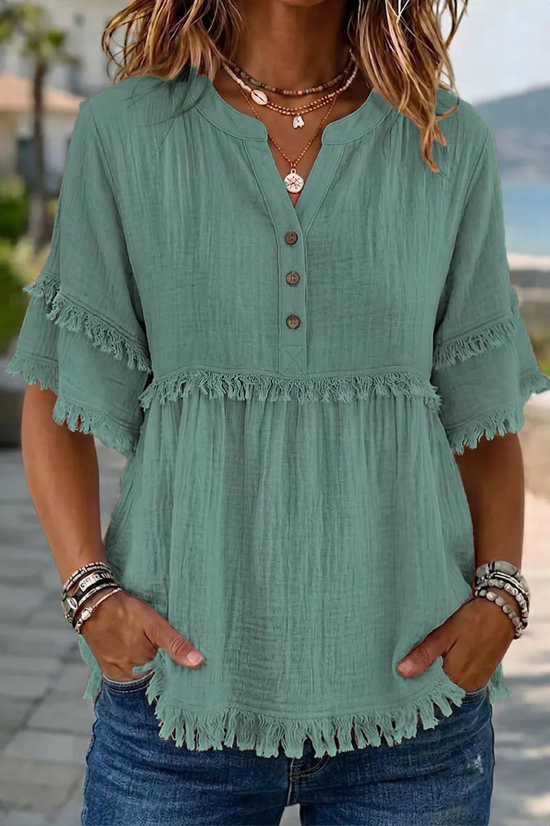 Solid Raw Hem Button Front Notched Neck Blouse