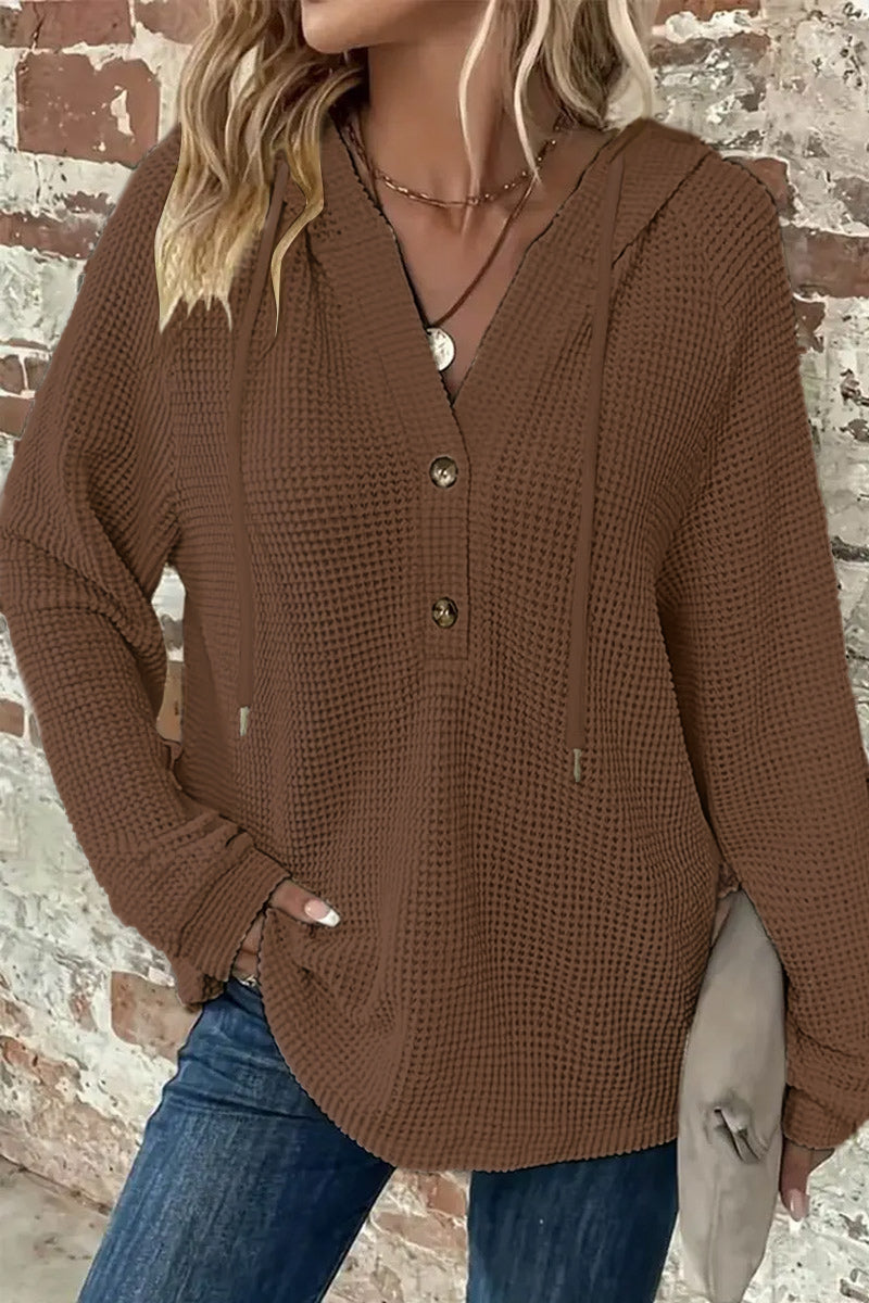 Waffle Knit Half Button Placket Drawstring Long Sleeve Hoodie