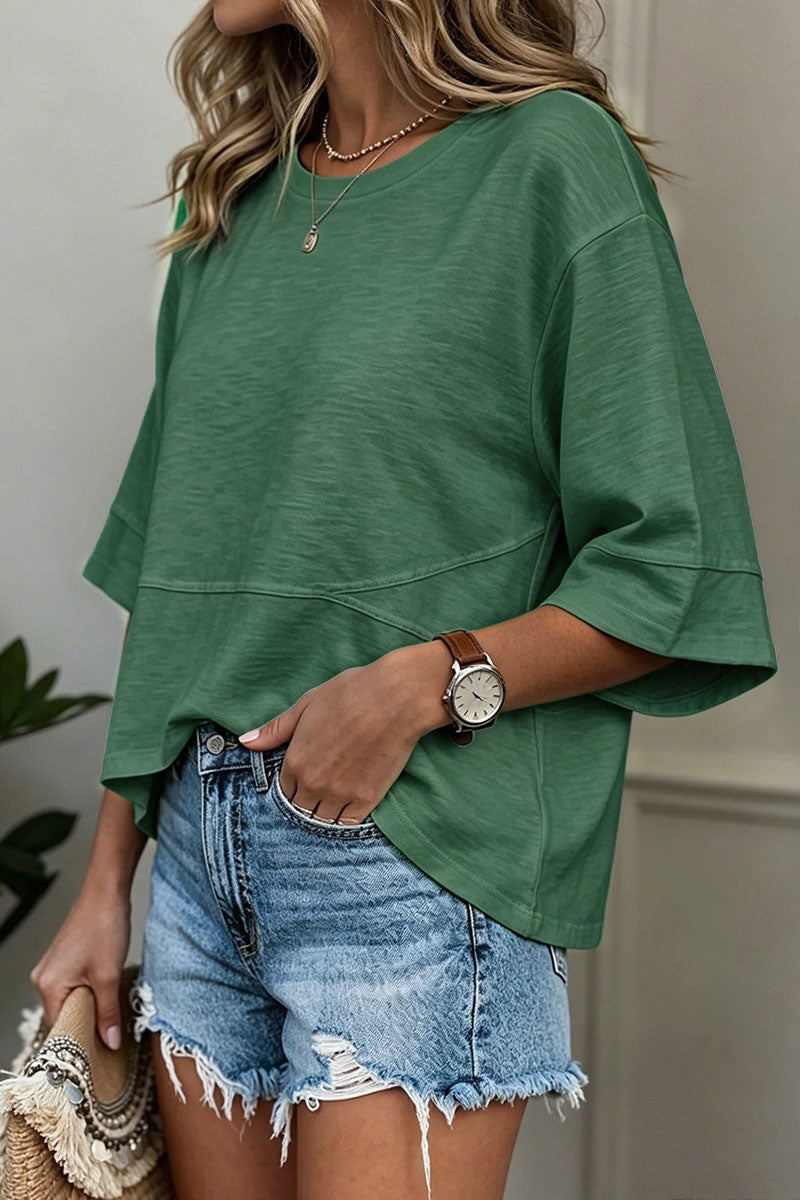 Solid Stitch Detail Round Neck Three Quarter Length Sleeve T-Shirt