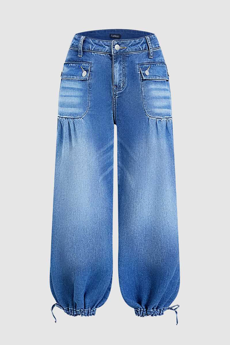 Flap Pocket Ruched Drawstring Mid Waist Balloon Leg Crop Jeans