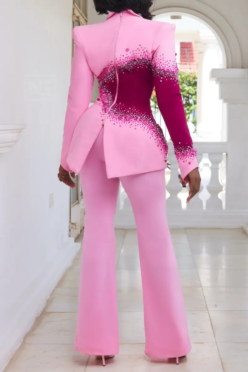 Pink Asymmetric Crystal-Trim Colorblock Pantsuit