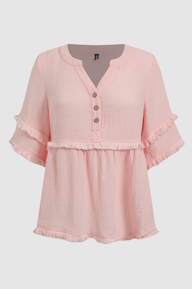 Solid Raw Hem Button Front Notched Neck Blouse