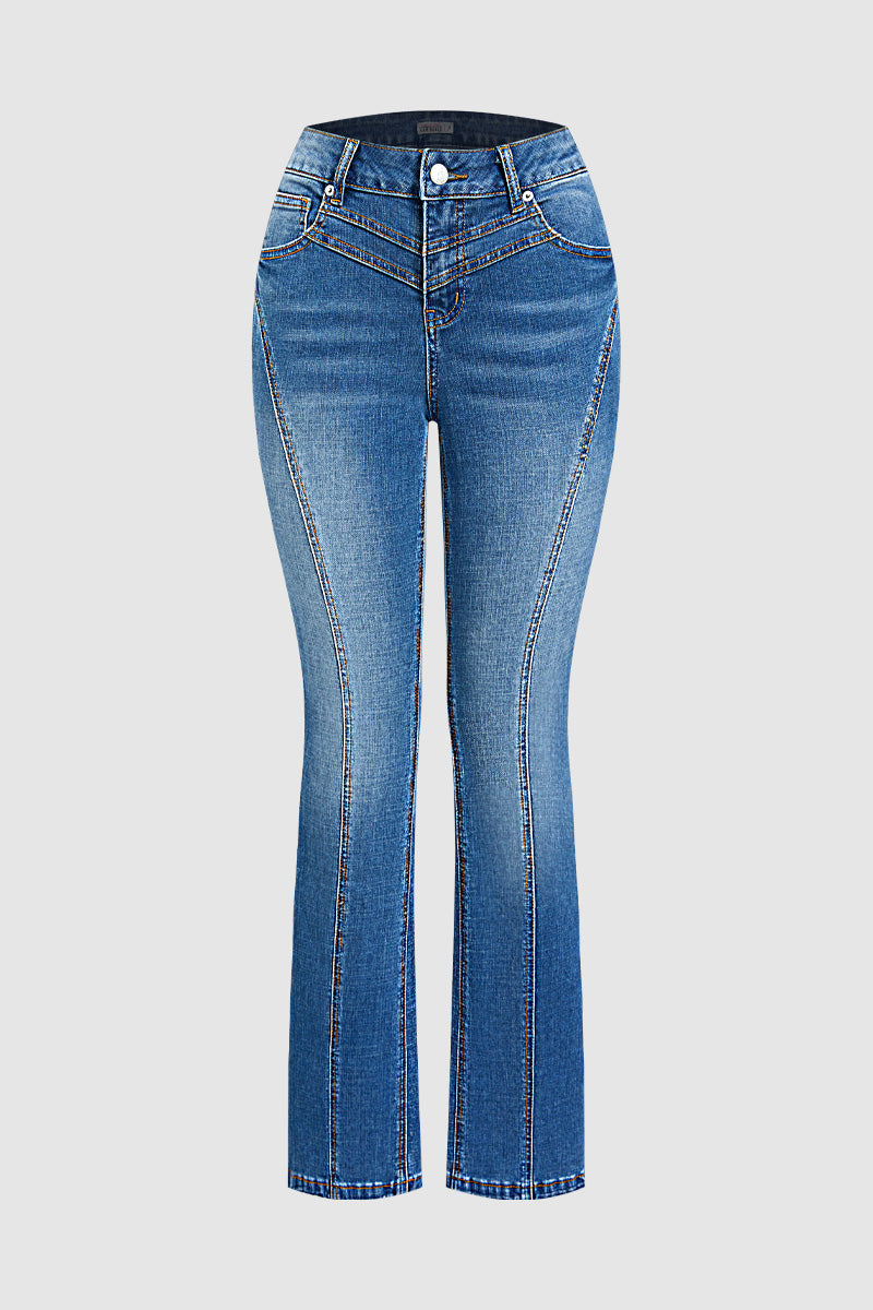 Wash Stitch Detail High Waist Bootcut Jeans Without Belt