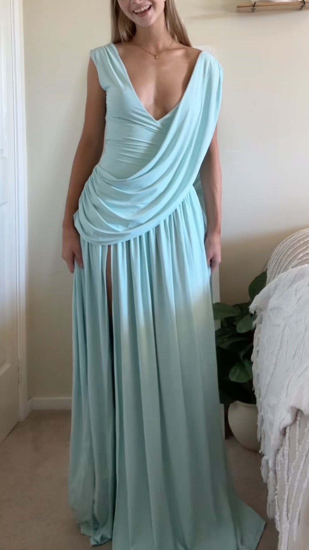 Draped Cape High-Slit Maxi Dress