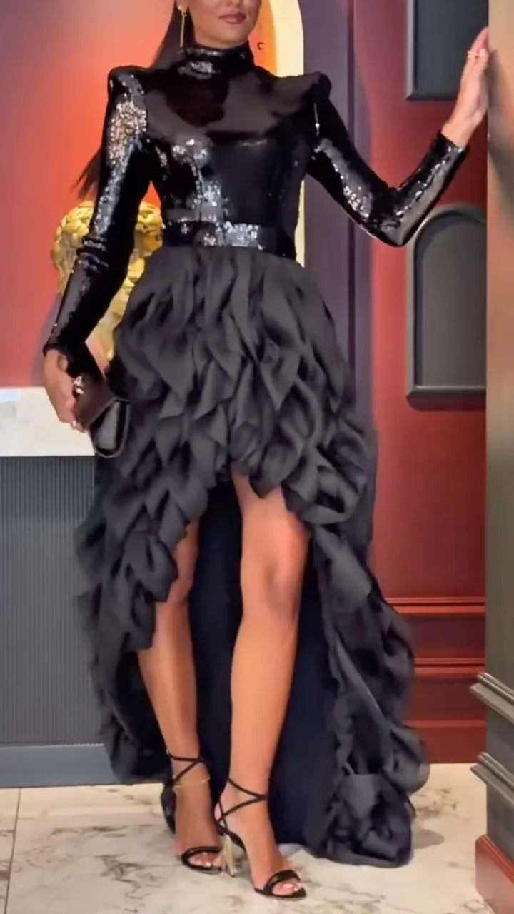 Black Sequin High-Neck Ruffle High-Low Dress