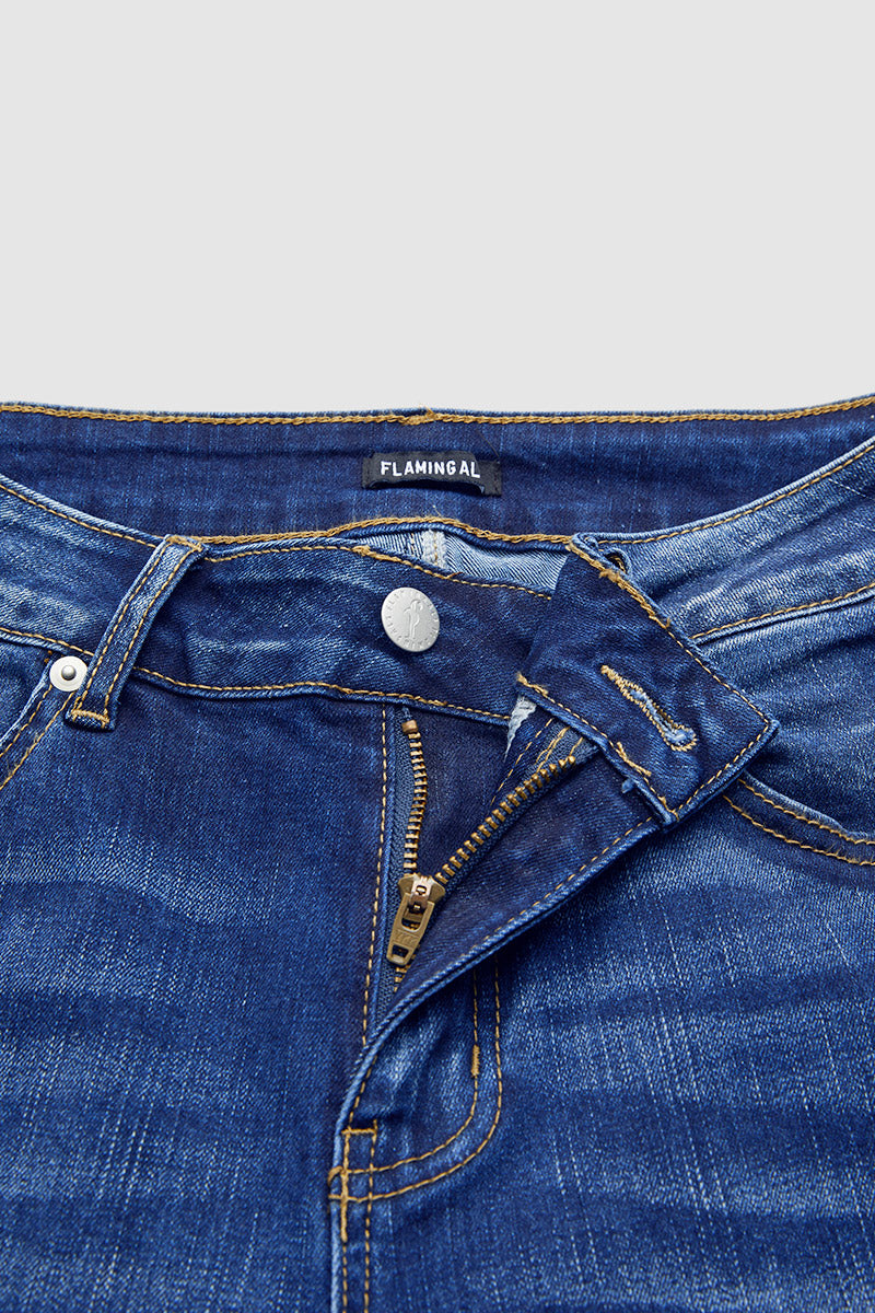 Wash Raw Hem V Cut Pocket Mid Rise Bootcut Jeans