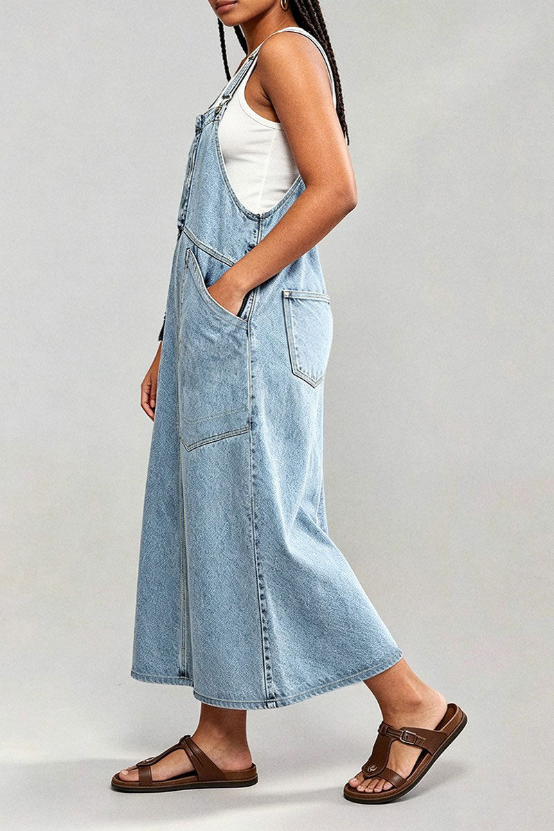 Wash Flap Pocket Stitch Detail High Waist Long Overall Dress