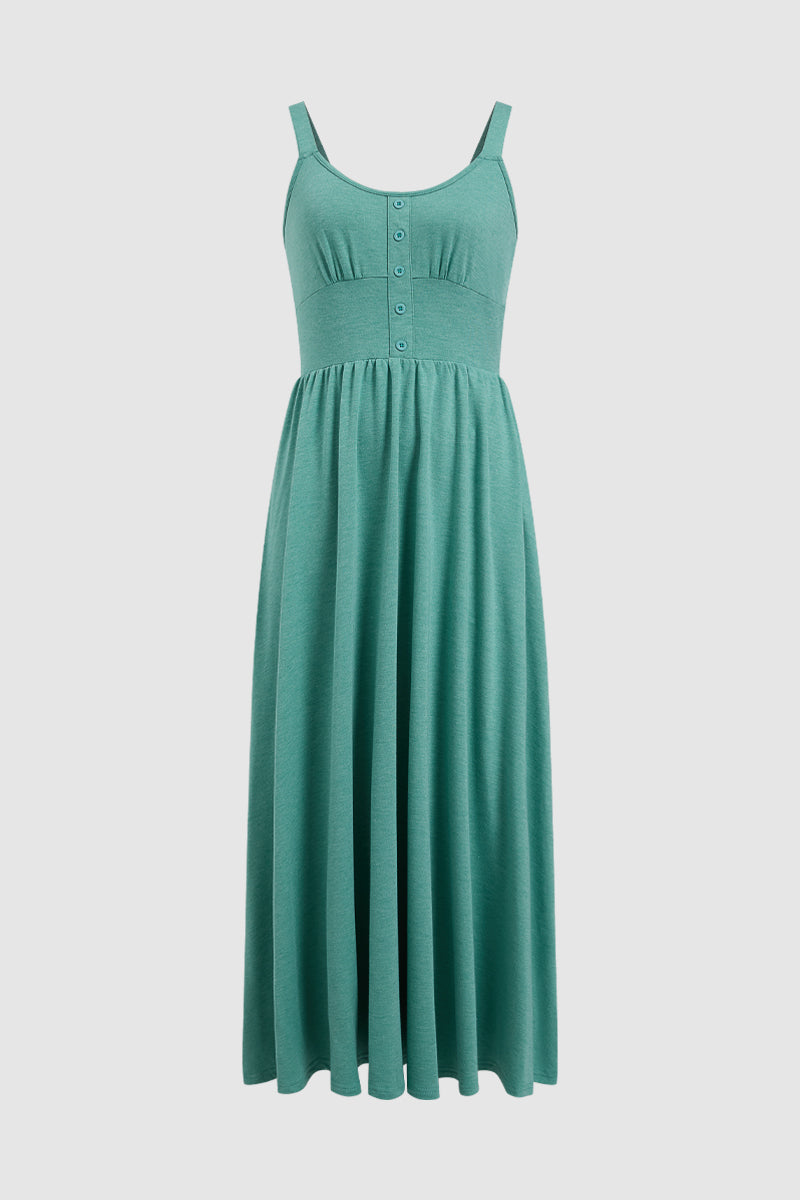 Solid Button Decor Ruched Sweetheart Neck Tank Long Dress