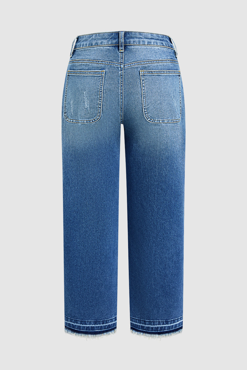 Wash Ripped Raw Hem Mid Rise Straight Leg Crop Jeans