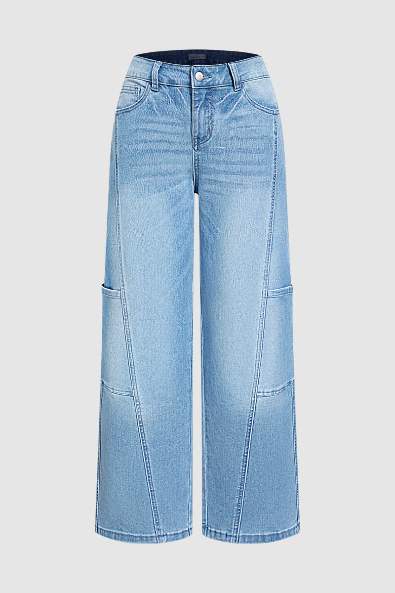 Wash Patch Pocket Stitch Detail Mid Waist Wide Leg Jeans Without Belt