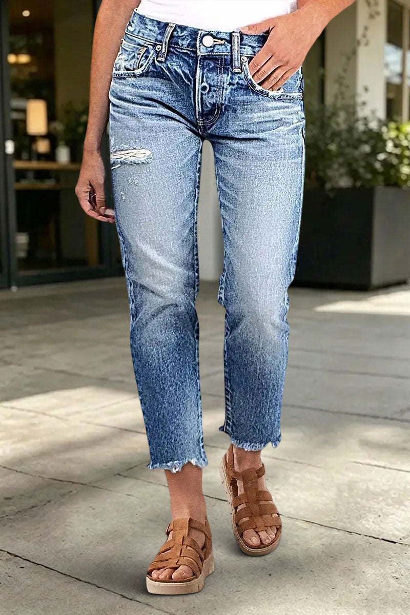 Raw Hem Ripped Mid Rise Straight Leg Crop Jeans