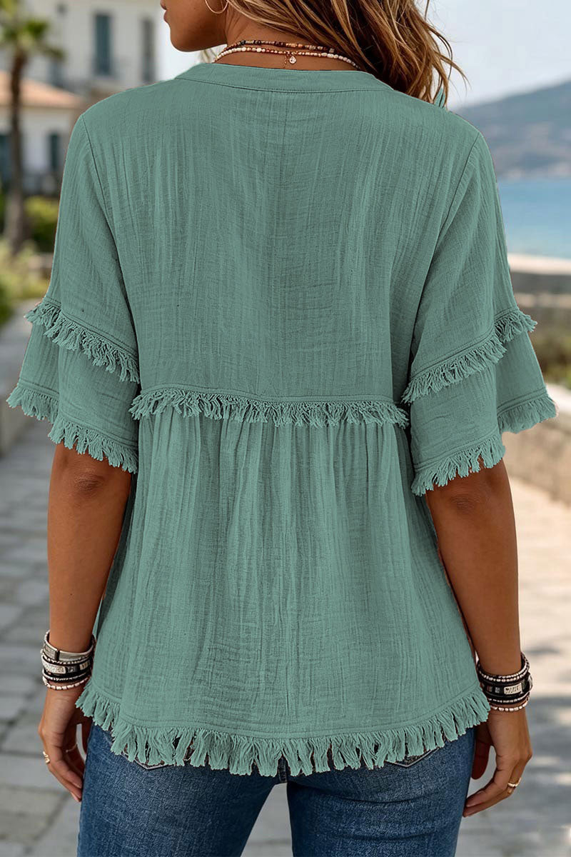 Solid Raw Hem Button Front Notched Neck Blouse