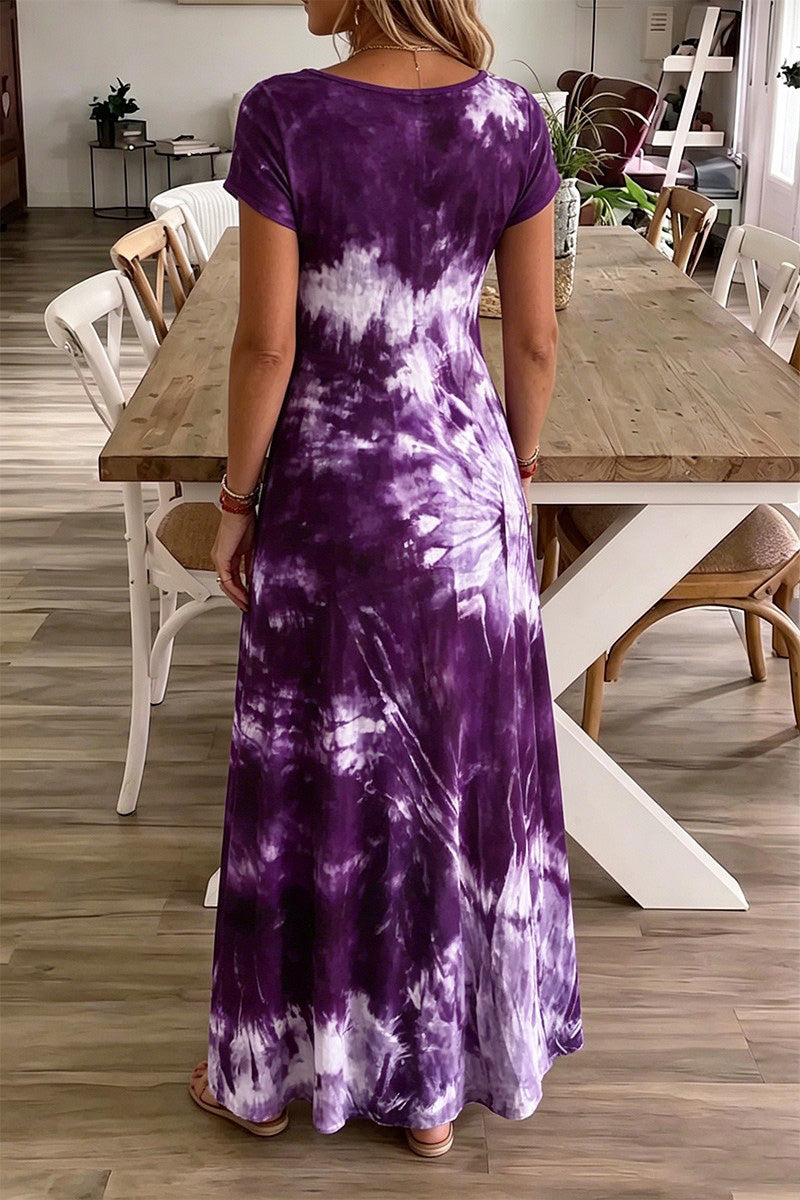 Spiral Tie Dye Scoop Neck Short Sleeve Maxi Dress