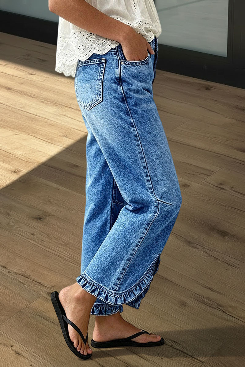 Wash Ruffle Split Hem Mid Rise Straight Leg Cropped Jeans