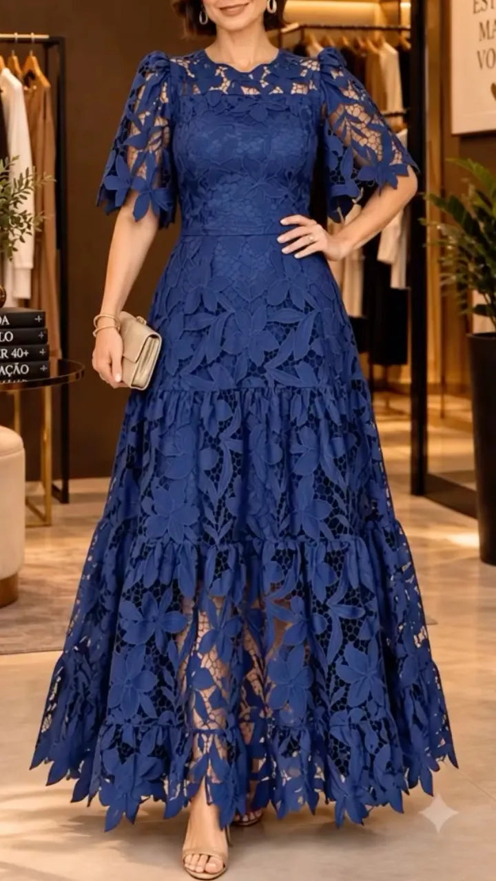 Royal Blue Botanical-Lace Tiered Maxi Dress
