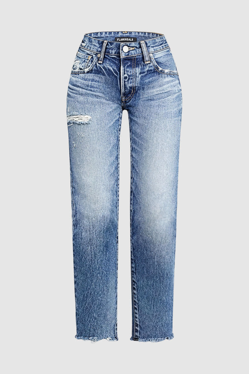 Raw Hem Ripped Mid Rise Straight Leg Crop Jeans