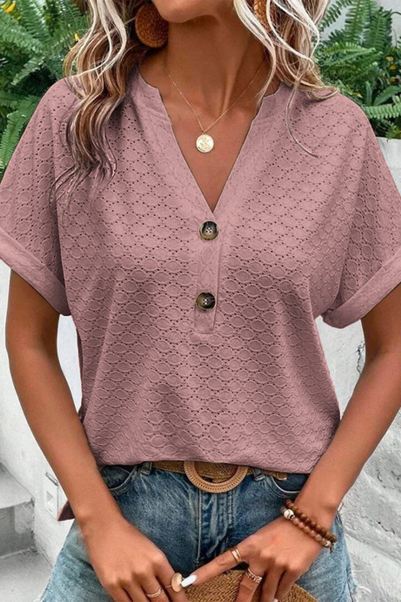 Solid Hollow Out Button Decor V Neck T-Shirt