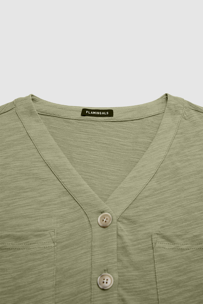 Button Decor Pocket Front V Neck Short Sleeve T-Shirt