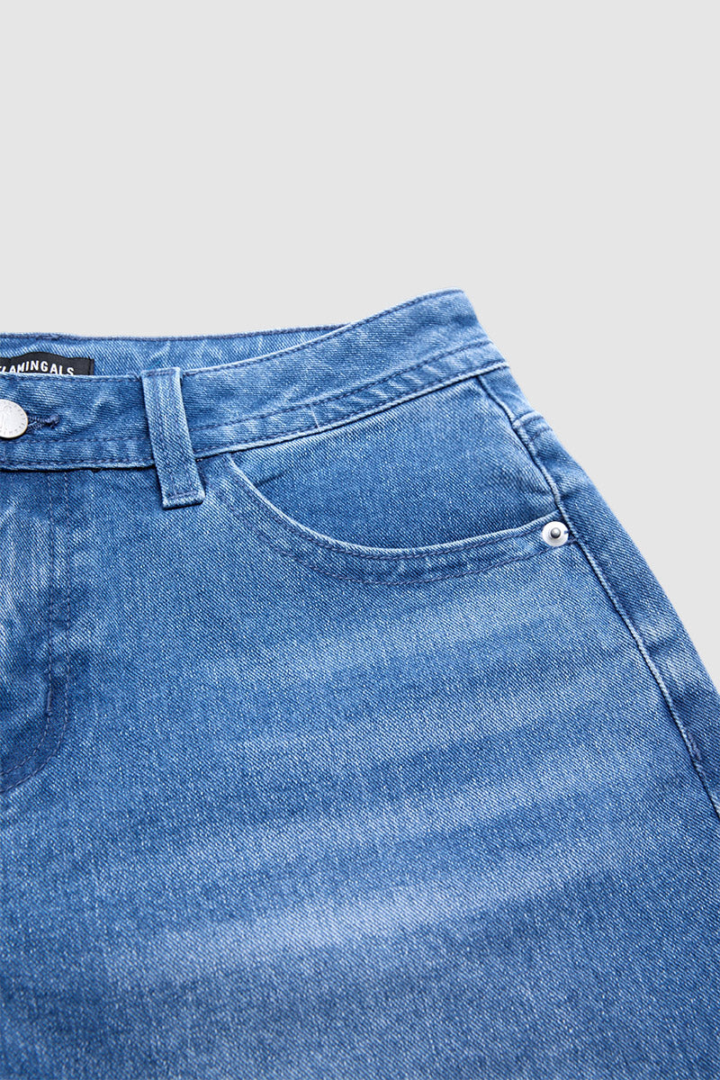 Wash Ruffle Split Hem Mid Rise Straight Leg Cropped Jeans