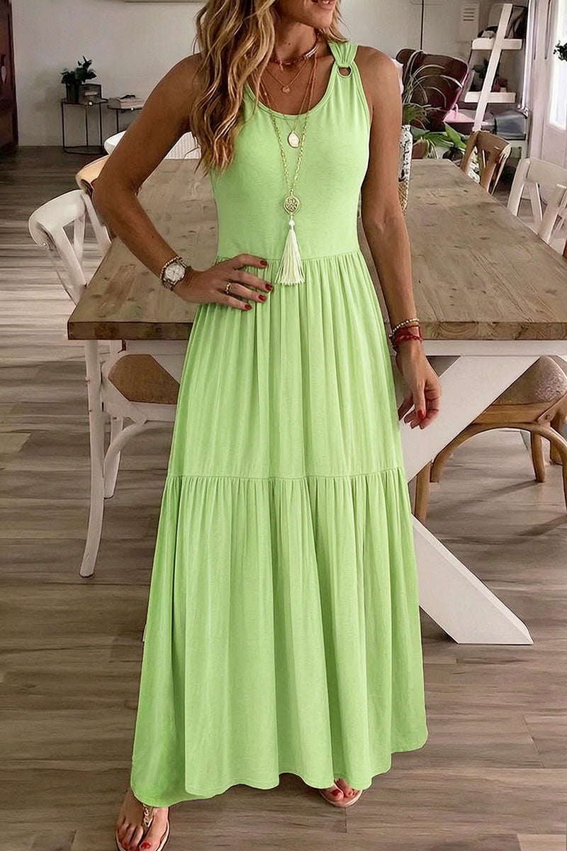 Solid Ring Linked Ruffle Hem Maxi Tank Dress