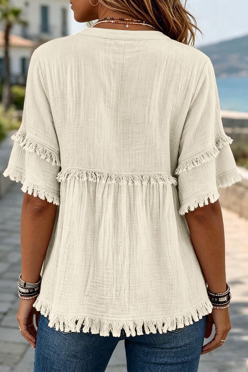 Solid Raw Hem Button Front Notched Neck Blouse