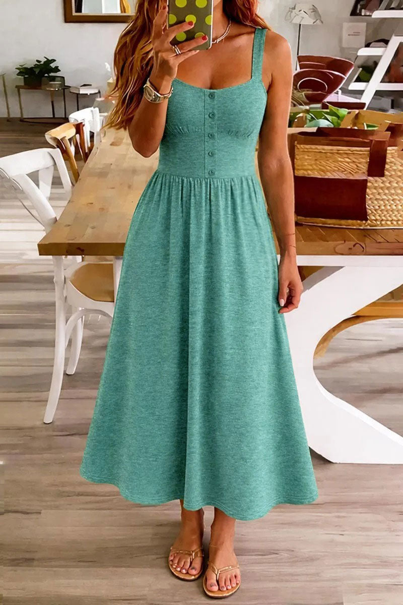 Solid Button Decor Ruched Sweetheart Neck Tank Long Dress