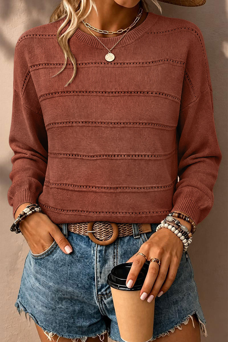 Solid Pointelle Knit Round Neck Long Sleeve Sweater